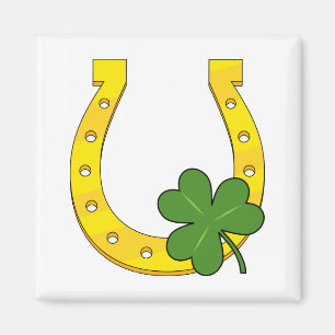 Lucky Golden Horseshoe med Shamrock on White Magnet