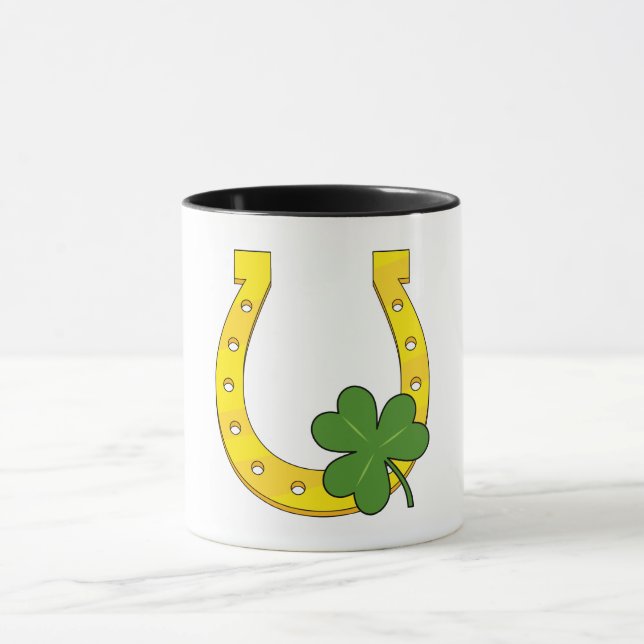 Lucky Golden Horseshoe med Shamrock on White Mugg (Center)