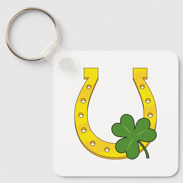 Lucky Golden Horseshoe med Shamrock on White Nyckelring (Framsida)