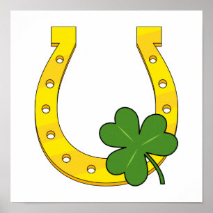 Lucky Golden Horseshoe med Shamrock on White Poster