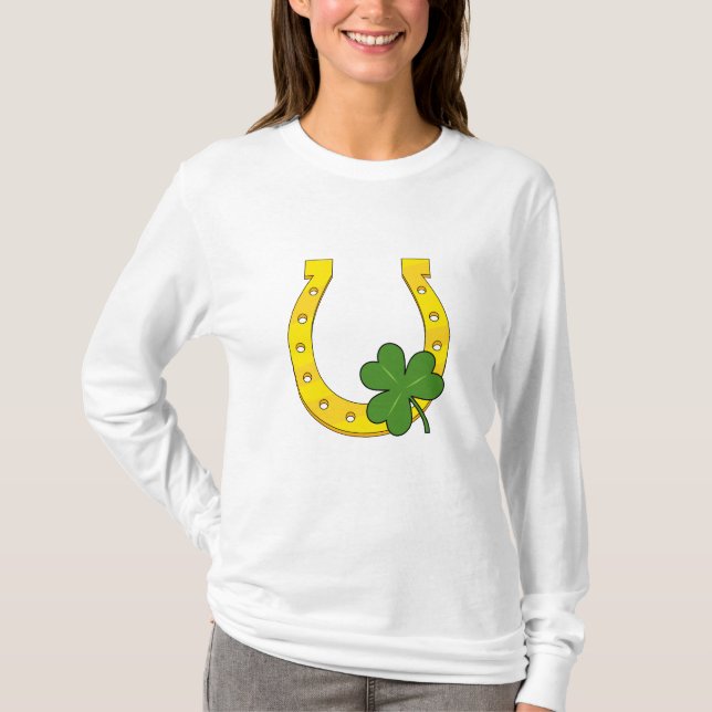 Lucky Golden Horseshoe med Shamrock on White T Shirt (Framsida)