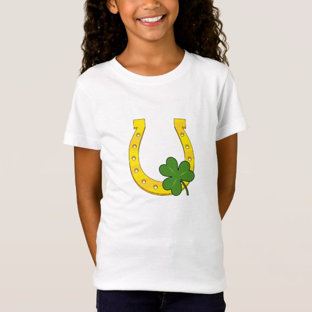 Lucky Golden Horseshoe med Shamrock on White T Shirt (Framsida)