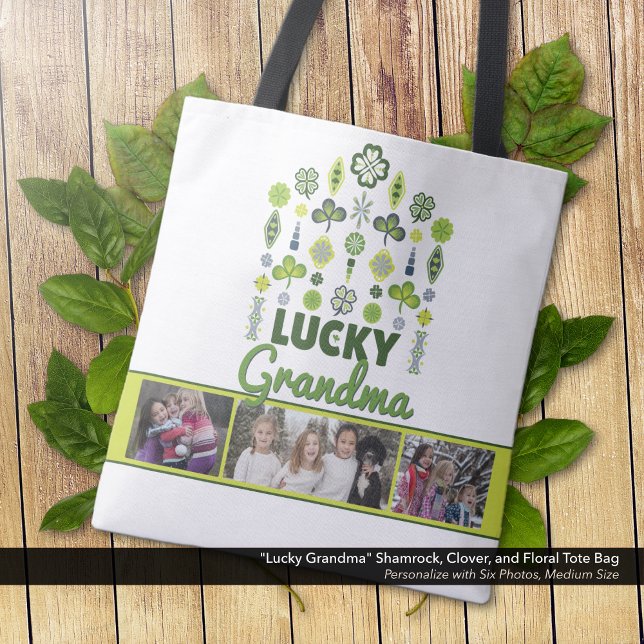 "Lucky Grandma" Shamrock Klöver Blommigt Photo Tygkasse ("Lucky Grandma" Shamrock, Clover, and Floral Photo Tote Bag: Personalize with 6 photos.)
