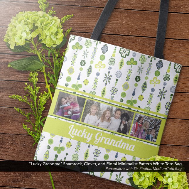 "Lucky Grandma" Shamrock Klöver Mönster Photo Tygkasse ("Lucky Grandma" Shamrock, Clover, and Floral Pattern Tote Bag - Personalize with Six Photos)