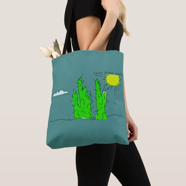 Lucky Green Kaktus Doodle Funky Toteväska Tygkasse (Närbild)