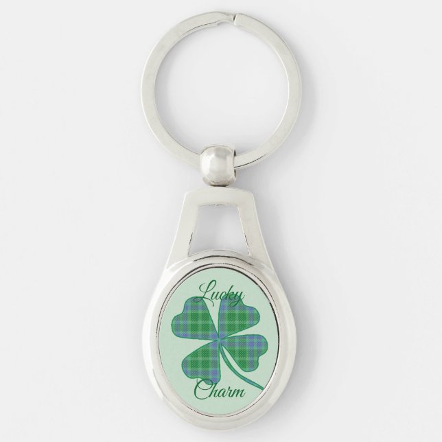 Lucky Green Plaid Shamrock Four-Leaf Clover  Ovalt Silverfärgad Nyckelring (Framsidan)