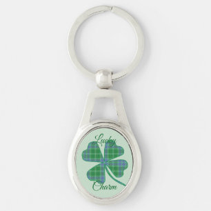 Lucky Green Plaid Shamrock Fyrklöver Ovalt Silverfärgad Nyckelring