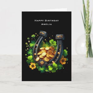 Lucky Horseshoe Guld Mynt och Klöver Birthday Kort