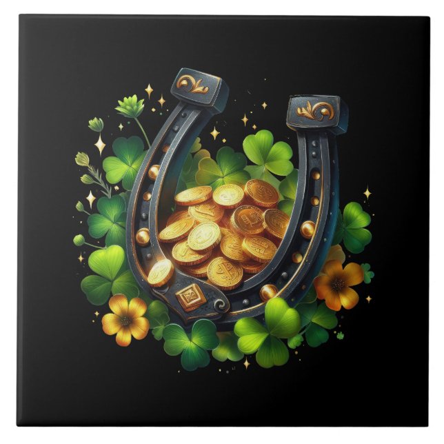 Lucky Horseshoe Guld Mynt och Klöver Kakelplatta (Framsidan)