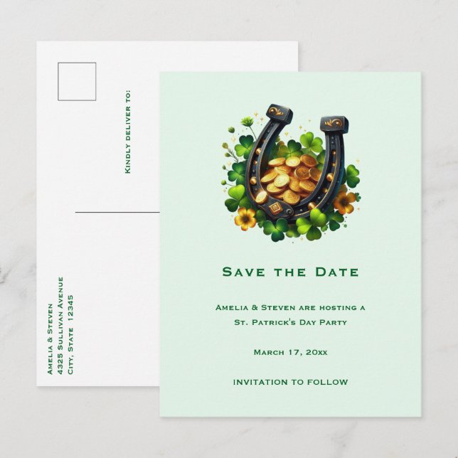 Lucky Horseshoe & Guld Mynt St. Patrick's Day Meddelande Vykort (Fram/baksida)