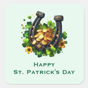 Lucky Horseshoe och Guld Mynt St. Patrick's Day Fyrkantigt Klistermärke