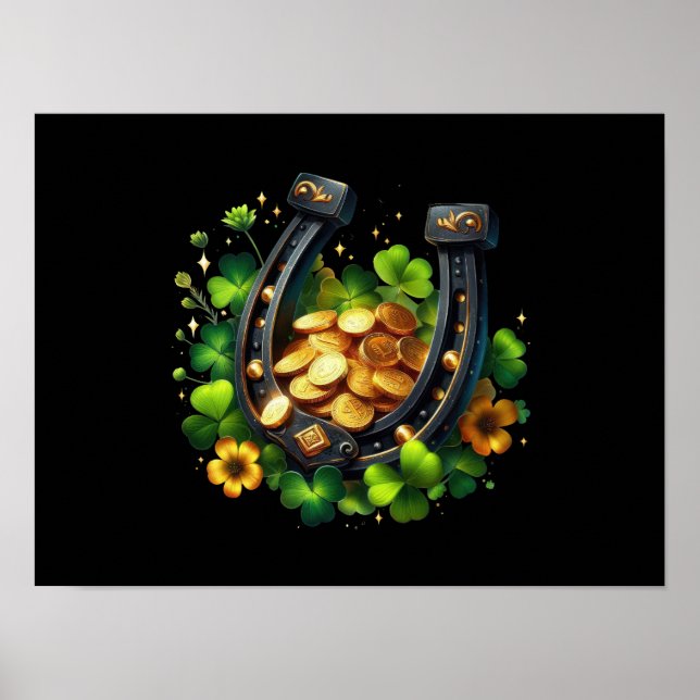 Lucky Horseshoe och Guld Mynt St. Patrick's Day Poster (Framsidan)