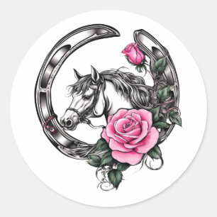 Lucky Horseshoe och Rosa ros Runt Klistermärke