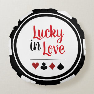 Lucky i Kärlek Black White Poker Chip Rund Kudde