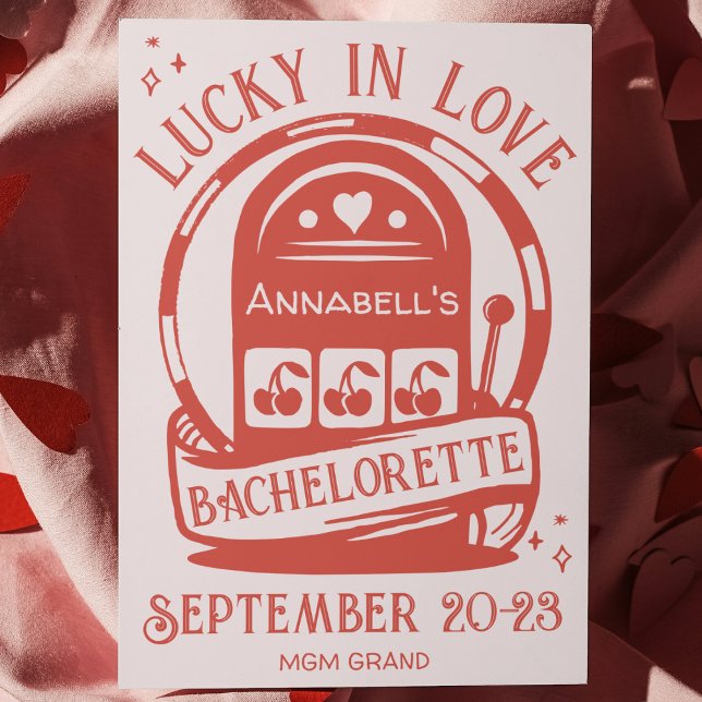 Lucky i Kärlek Casino Hand plockade Vegas Bachelor Inbjudningar (lucky in love Vegas bachelorette party invitation hand drawn quirky fun slot machine weekend invite)