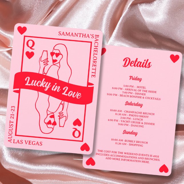 Lucky i Kärlek Chic Rosa & Red Bachelorette Helg Inbjudningar (Lucky In Love Chic Pink & Red Bachelorette Weekend Invitation)