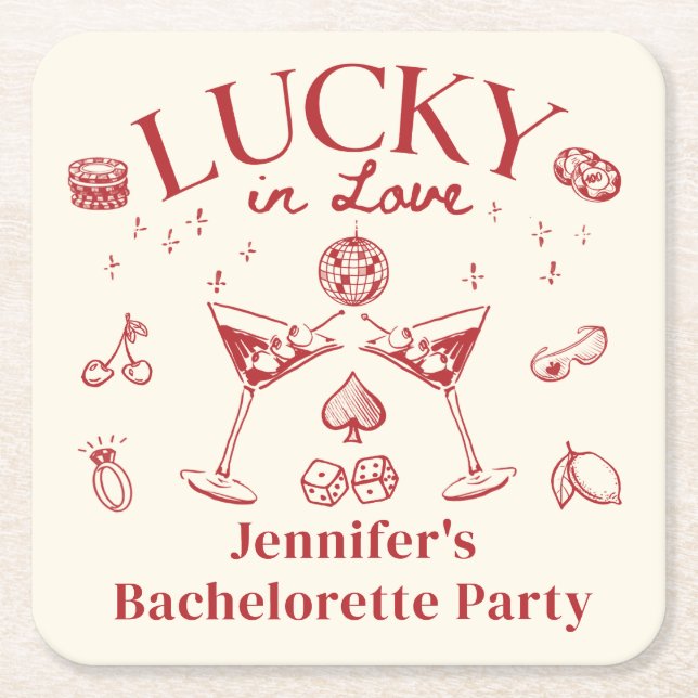 Lucky i Kärlek Cocktail Bachelorette Party Classic Underlägg Papper Kvadrat (Framsidan)