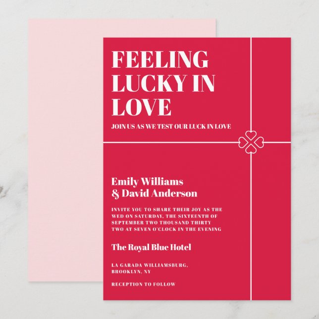 Lucky i Kärlek Crimson Red Bröllop Inbjudningar (Fram/baksida)