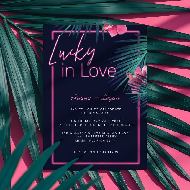 Lucky i Kärlek Neon Rosa Tropical Retro Bröllop Inbjudningar (Lucky In Love Neon Pink Tropical Retro Wedding Invitation)
