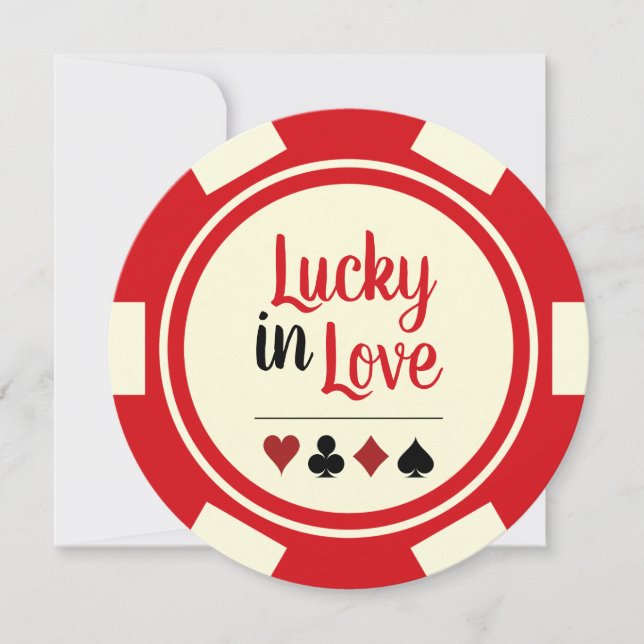 Lucky i Kärlek Poker Chip Red Off White Bröllop Inbjudningar (Framsida)