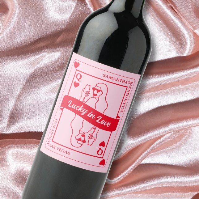 Lucky i Kärlek Rosa & Red Anpassningsbar Bachelore Vinflaska Etikett (Lucky In Love Pink & Red Custom Bachelorette Favor Wine Label)