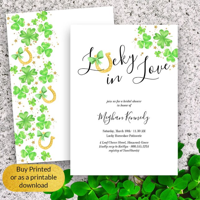 Lucky i Kärlek Shamrock and Horseshoe Möhippa Inbjudningar (Elegant Lucky in Love Bridal Shower Invitation)