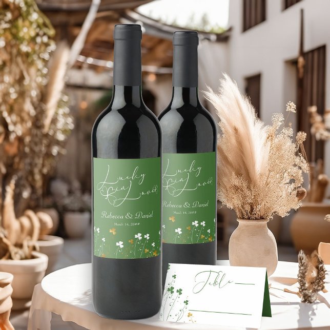 Lucky i Kärlek Shamrock WildblommIrish Bröllop Vinflaska Etikett (Wedding Wine Bottle Labels from my Shamrock Wildflower Collection)