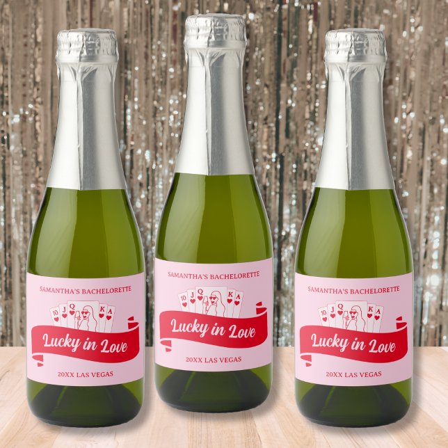 Lucky i Kärlek Vibrant Rosa & Red Bachelorette (Lucky In Love Vibrant Pink & Red Bachelorette Sparkling Wine Label Bach Party Favors)