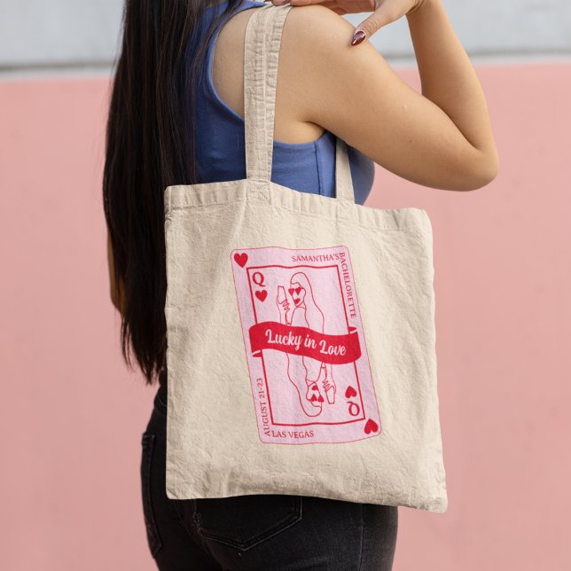 Lucky in Kärlek Custom Name Rosa & Red Bachelorett Tygkasse (Lucky In Love Custom Name Pink & Red Bachelorette Tote Bag)