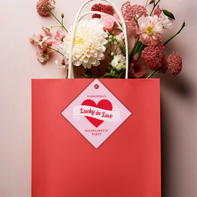 Lucky in Kärlek Heart Chic Rosa & Red Bachelorette Gåvor Etiketter (Lucky In Love Heart Chic Pink & Red Bachelorette Favor Tags)