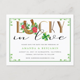 Lucky in Kärlek Horseshoe and Shamrock Save Date Vykort