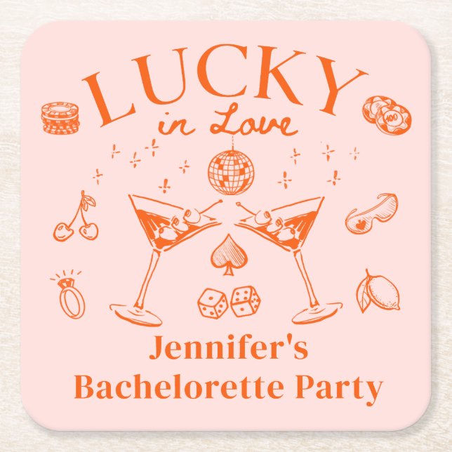 Lucky in Kärlek Orange Cocktail Bachelorette Underlägg Papper Kvadrat (Framsidan)