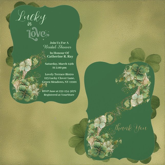  Lucky in Love Gylden Grön Shamrock Bröllopsfest Inbjudningar (Lucky in Love Golden Green Shamrock Bridal Shower Invitation)
