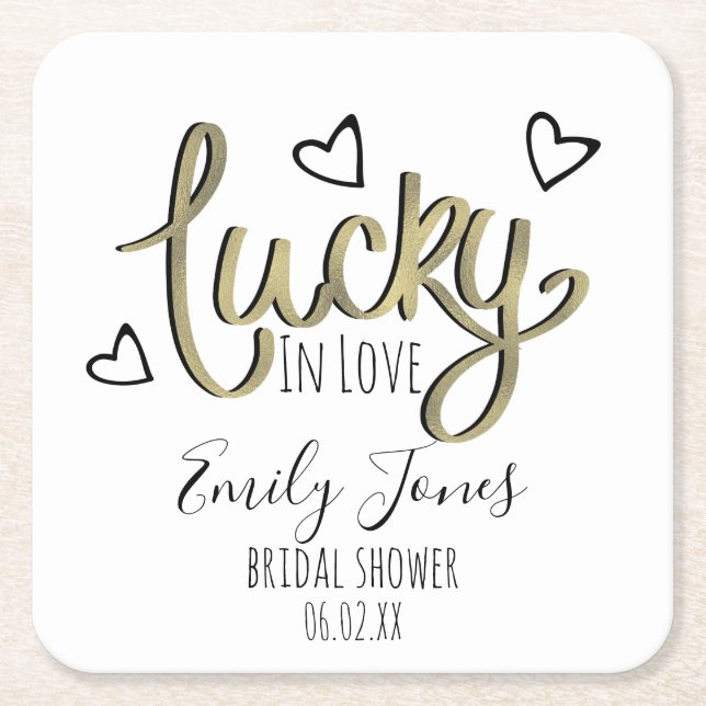 Lucky in Love Hearts Bröllopsdusch Underlägg Papper Kvadrat (Framsidan)