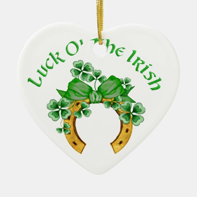 Lucky Irish Horseshoe och Shamrocks Julgransprydnad Keramik (Framsidan)
