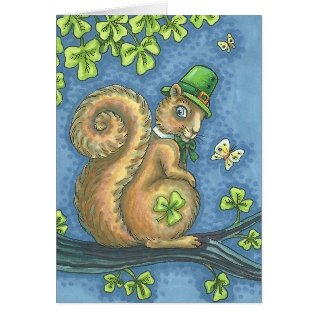 LUCKY IRISH LEPRECHAUN SQUIRREL GREETING CARD Vers Hälsningskort (Framsidan)