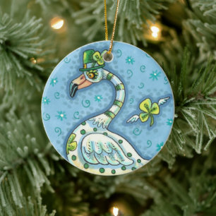 LUCKY IRISH POLKA DOT FLAMINGO, FUNNY BIRD 2021 JULGRANSPRYDNAD KERAMIK