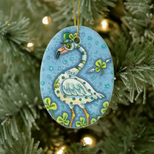LUCKY IRISH POLKA DOT FLAMINGO, FUNNY BIRD 2021 JULGRANSPRYDNAD KERAMIK