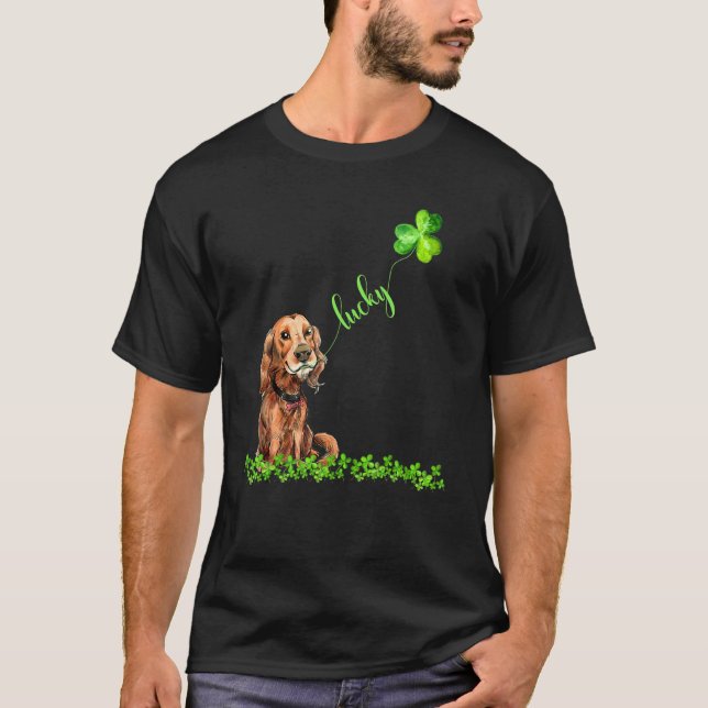 Lucky Irish Setter Hund Shamrock St patrick's day T Shirt (Framsida)