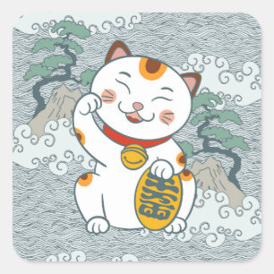 Lucky Japansk Calico Cat Maneki Neko Fyrkantigt Klistermärke