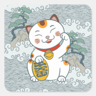 Lucky Japansk Calico Cat Maneki Neko Lämnat Tass Fyrkantigt Klistermärke