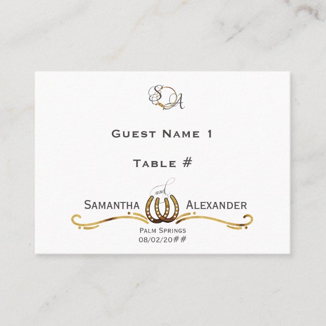 Lucky Kärlek Western Rustic Barn Horseshoes Bröllo Placeringskort (Framsida)