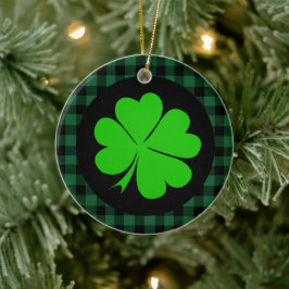 Lucky Klöver charm, Shamrock, Grönt buffalo plaid Julgransprydnad Keramik