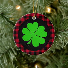 Lucky Klöver charm, Shamrock, red buffalo plaid Julgransprydnad Keramik