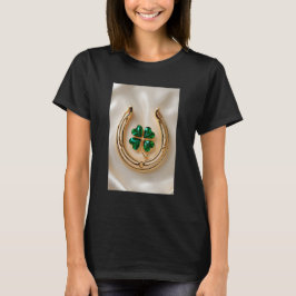 Lucky klöver med Guld Horseshoe T Shirt