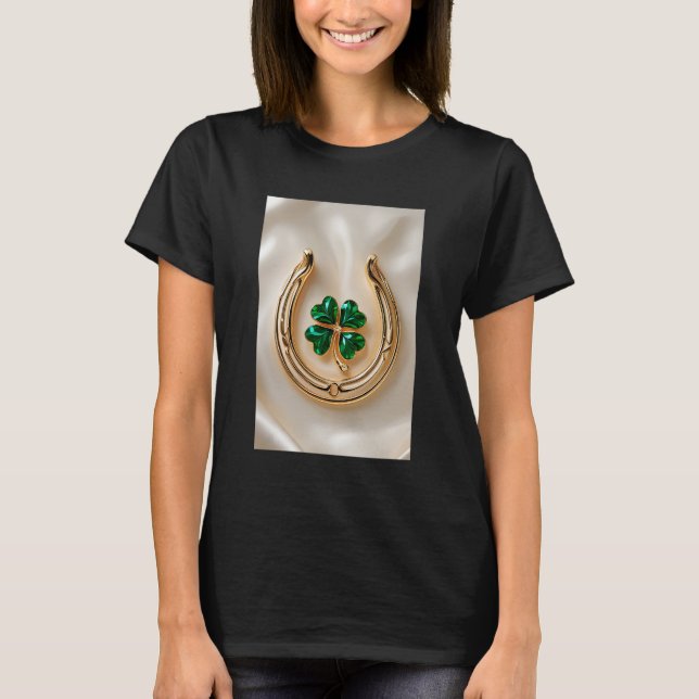 Lucky klöver med Guld Horseshoe T Shirt (Framsida)