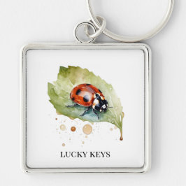 Lucky Ladybug på Löv Fyrkantig Silverfärgad Nyckelring