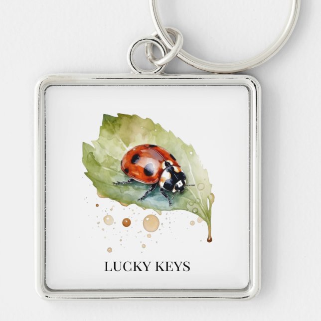 Lucky Ladybug på Löv Fyrkantig Silverfärgad Nyckelring (Framsidan)