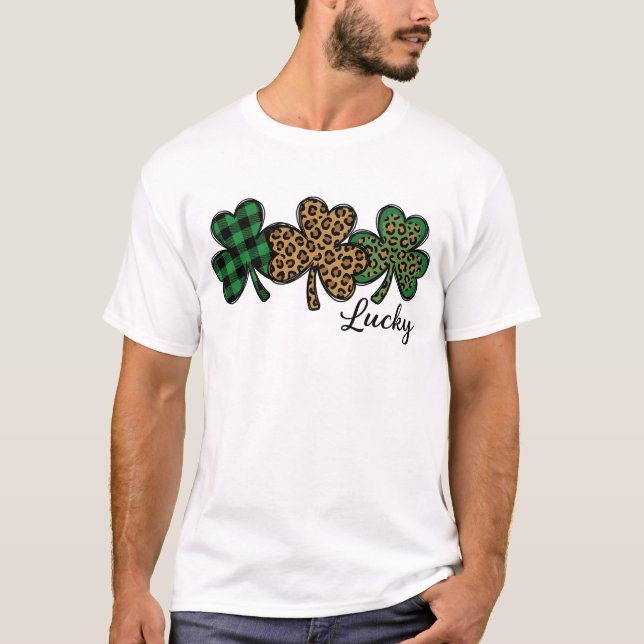 Lucky Leopard Plaid Shamrock St Patricks Day T Shirt (Framsida)