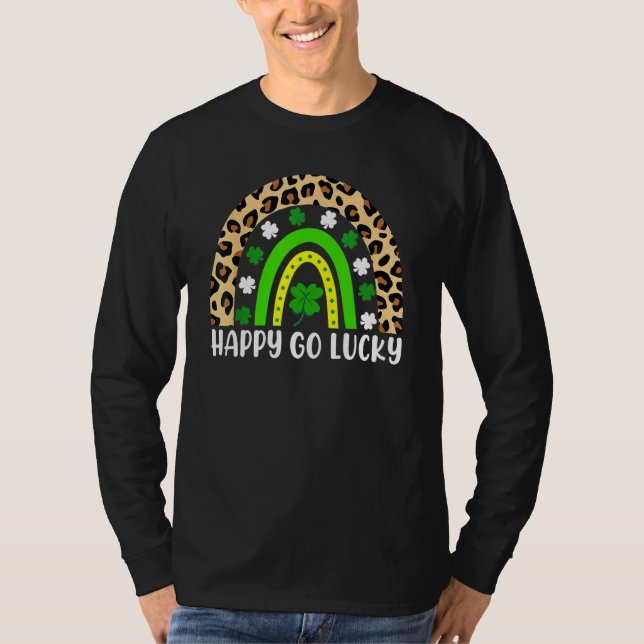 Lucky Leopard Rainbow Shamrock Happy Go Lucky St P T Shirt (Framsida)